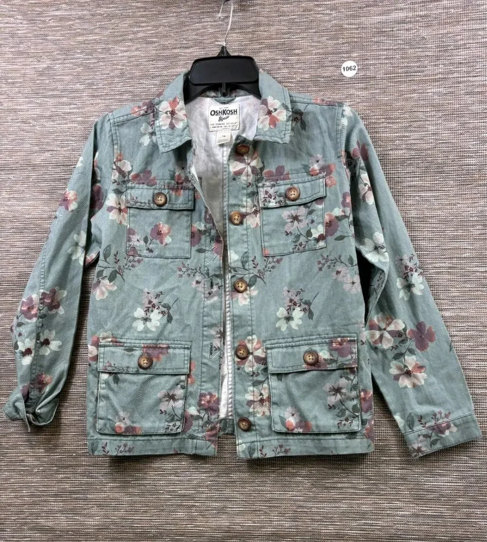 Oshkosh Green Floral Denim Jean Jacket Girls Size 14 Utility Cargo